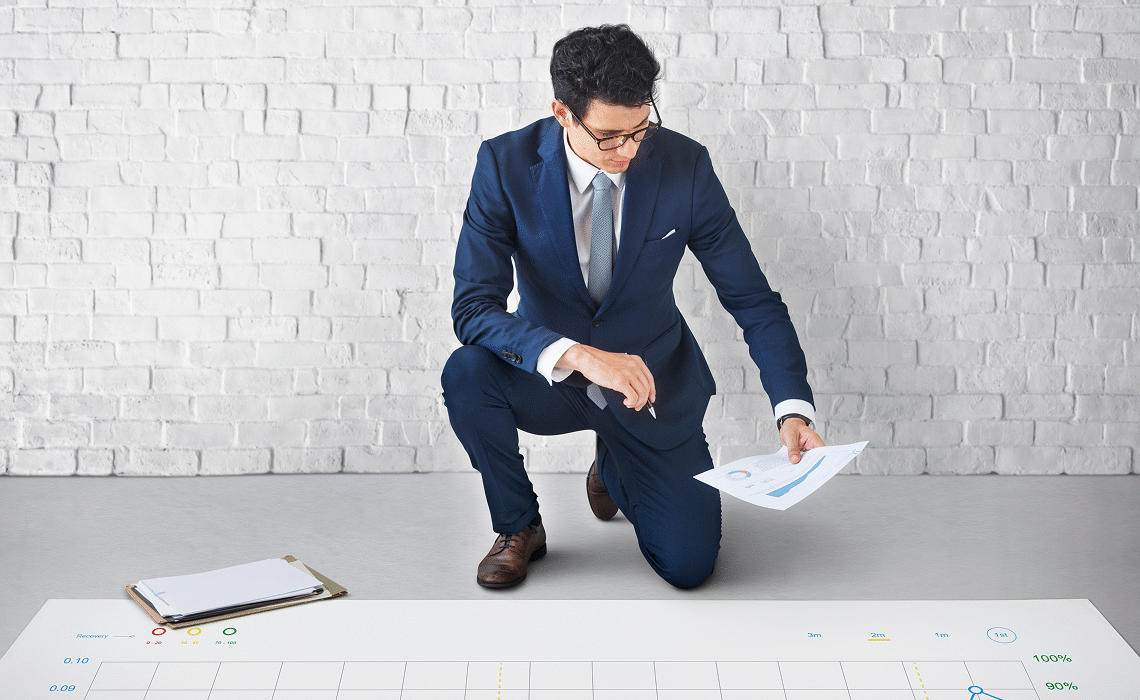 Business owner reviewing forecast graphs on laptop with accountant