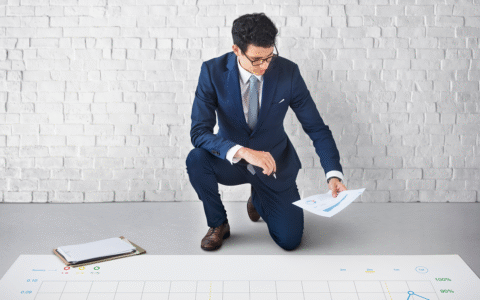 Business owner reviewing forecast graphs on laptop with accountant