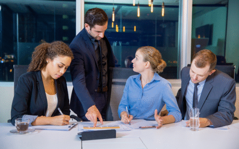 Accountant preparing year-end reports at desk with financial statements