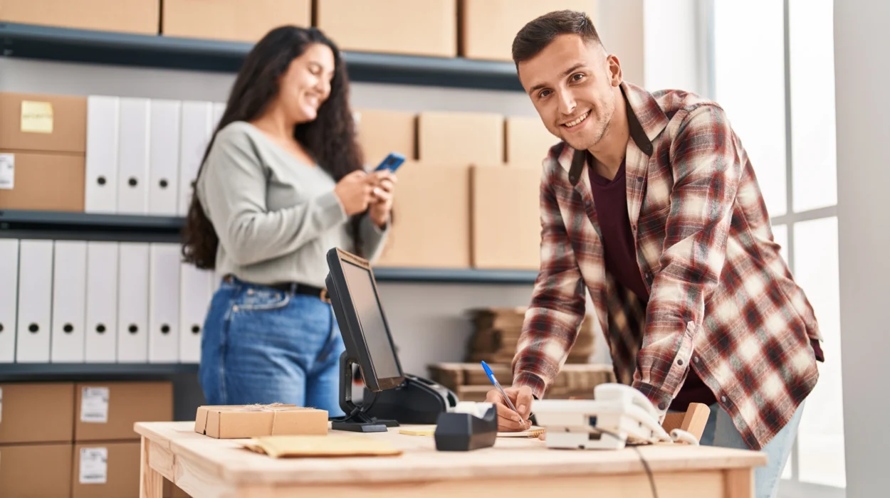 Online seller calculating VAT on ecommerce sales using laptop